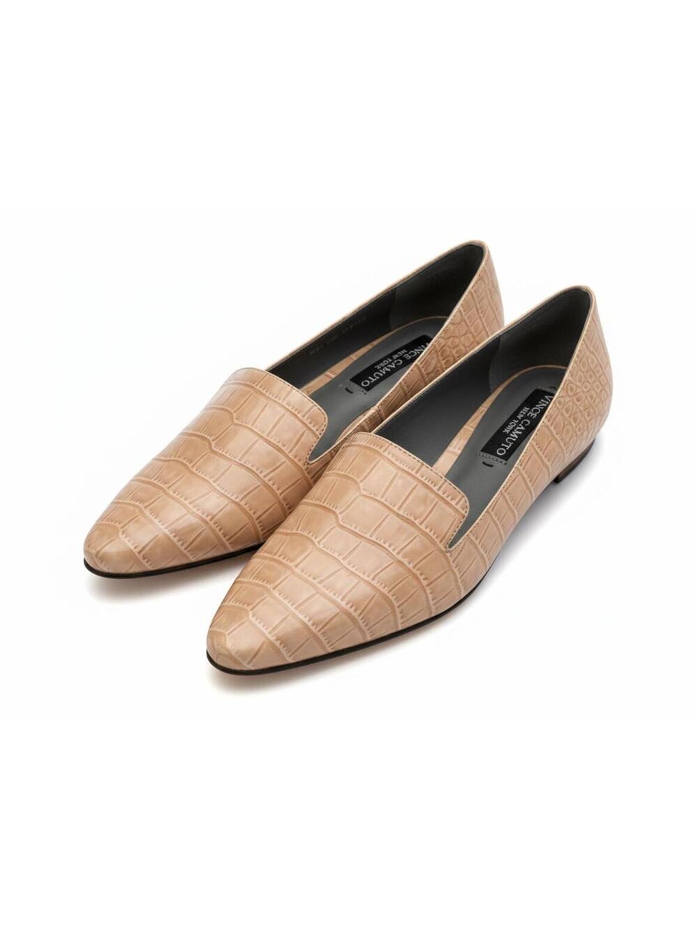 Vince Camuto Beige Croc-Embossed Pointed Toe Flats